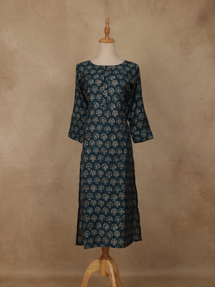 Blue Floral Design Printed Rayon Kuti - Diadem