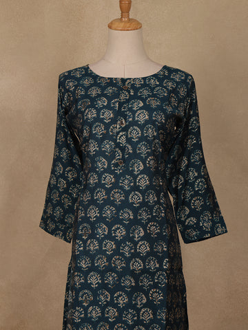 Blue Floral Design Printed Rayon Kuti - Diadem