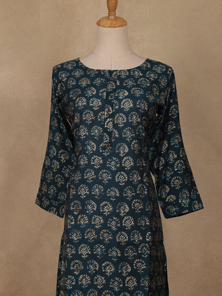 Blue Floral Design Printed Rayon Kuti - Diadem