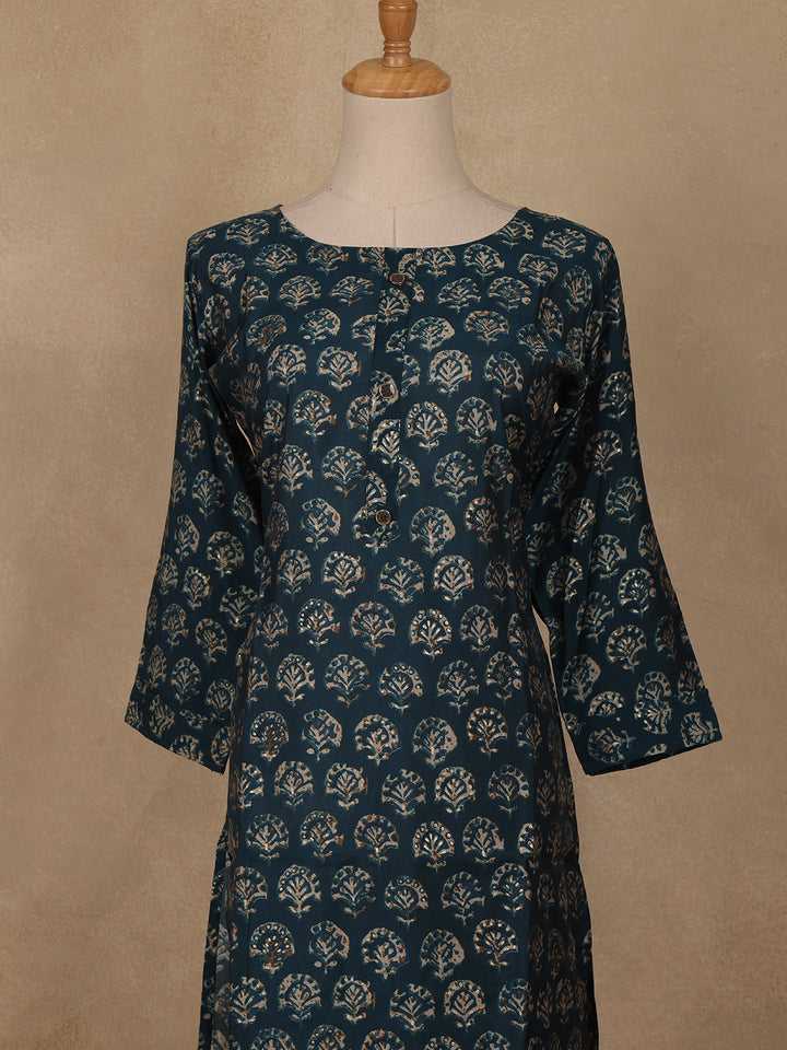 Blue Floral Design Printed Rayon Kuti - Diadem