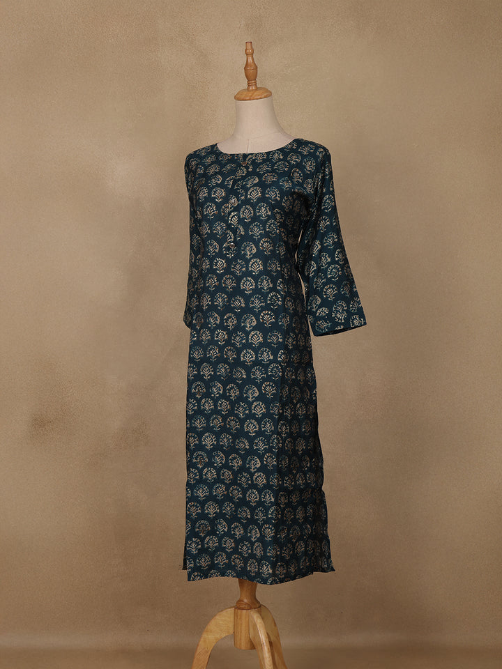 Blue Floral Design Printed Rayon Kuti - Diadem