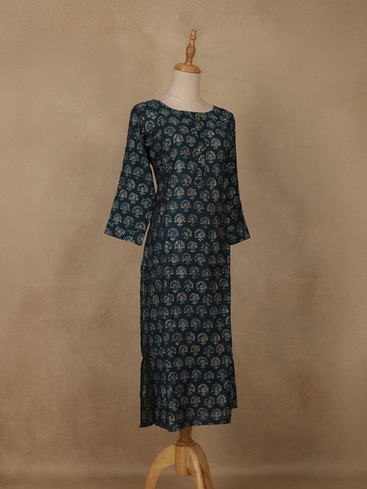 Blue Floral Design Printed Rayon Kuti - Diadem
