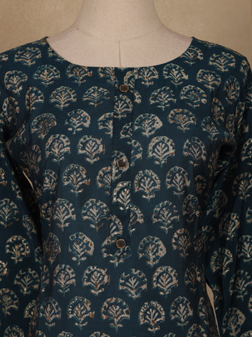 Blue Floral Design Printed Rayon Kuti - Diadem