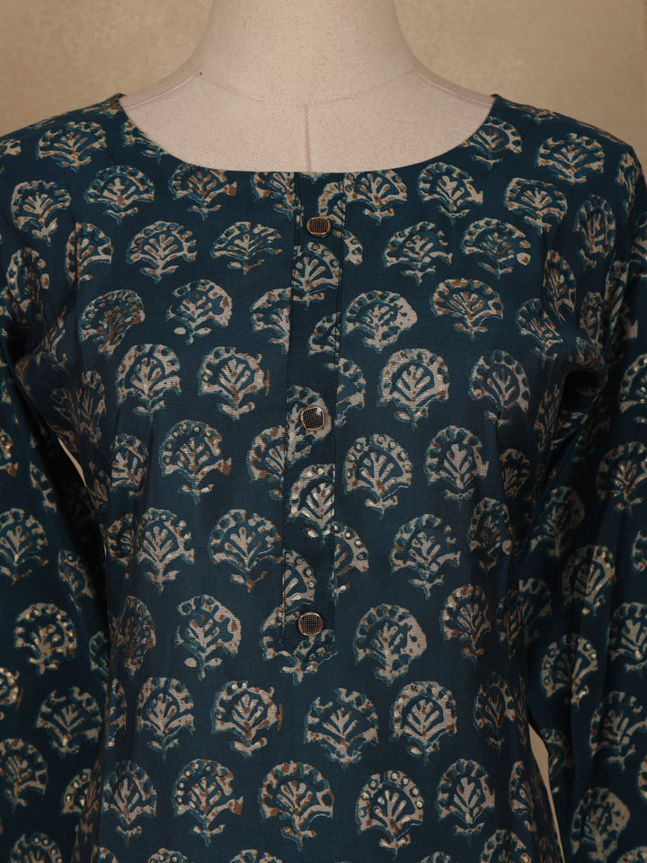 Blue Floral Design Printed Rayon Kuti - Diadem