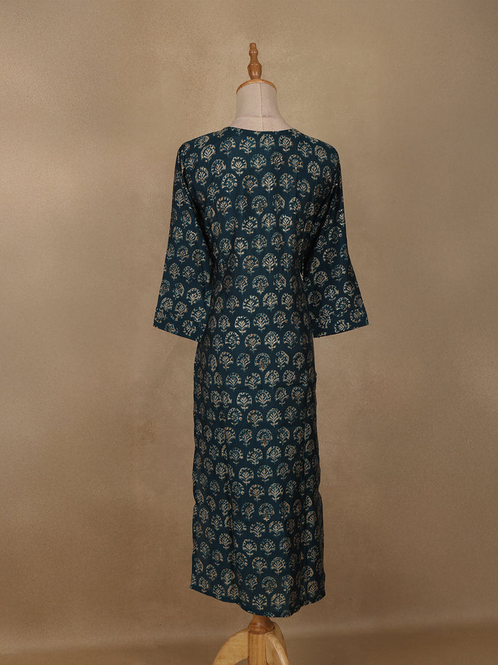 Blue Floral Design Printed Rayon Kuti - Diadem