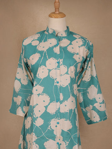 Blue Floral Designed Cotton Kurti - Diadem
