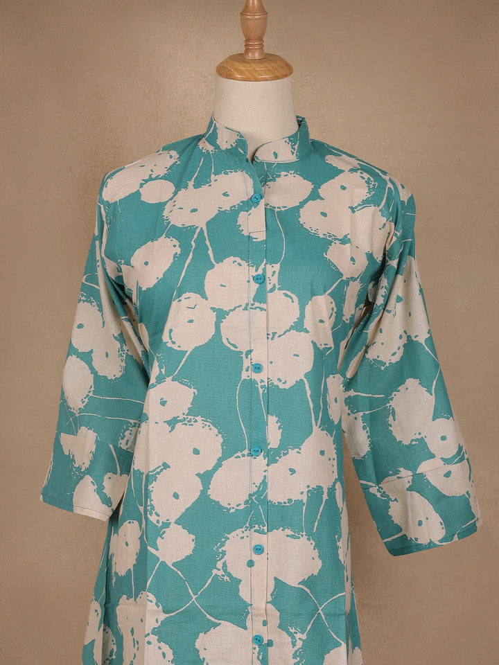 Blue Floral Designed Cotton Kurti - Diadem