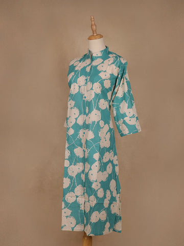 Blue Floral Designed Cotton Kurti - Diadem