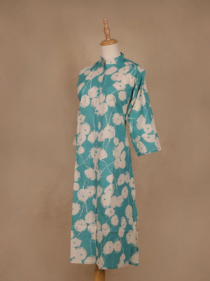 Blue Floral Designed Cotton Kurti - Diadem