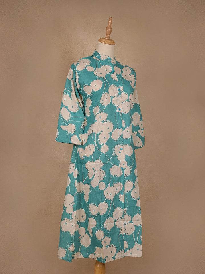 Blue Floral Designed Cotton Kurti - Diadem