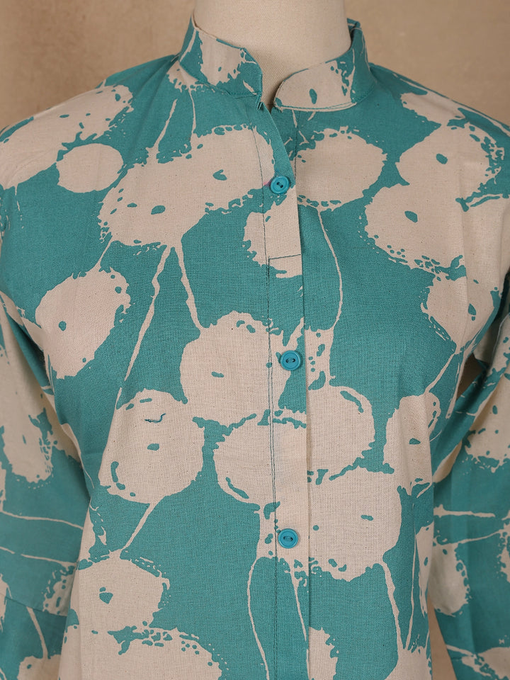 Blue Floral Designed Cotton Kurti - Diadem