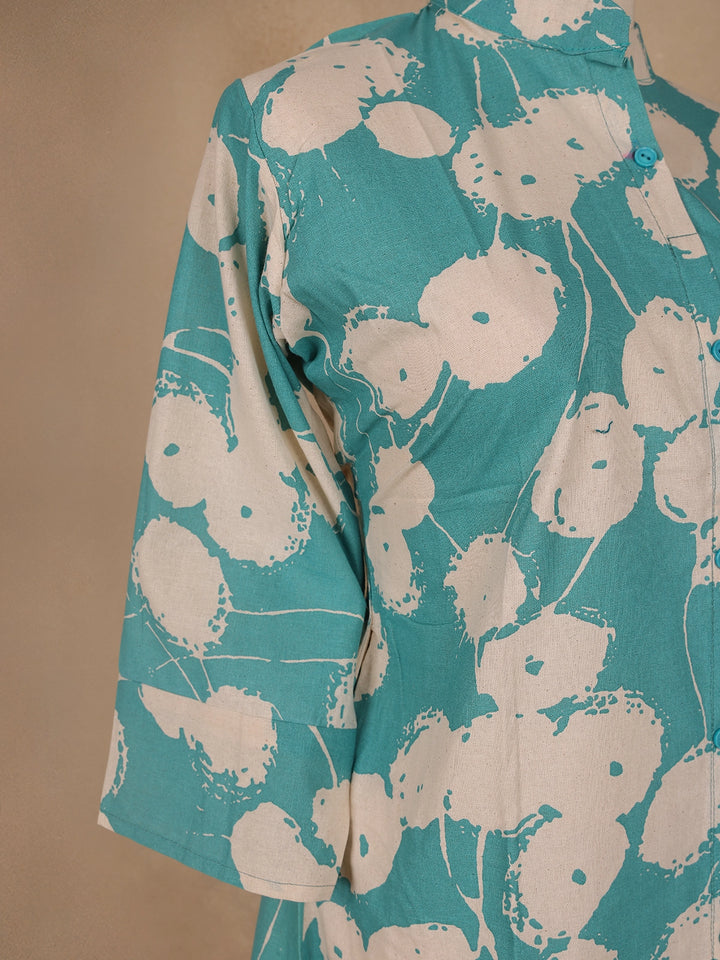 Blue Floral Designed Cotton Kurti - Diadem