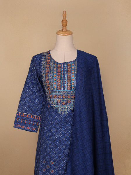 Blue Floral Designed Cotton Salwar Suit - Diadem