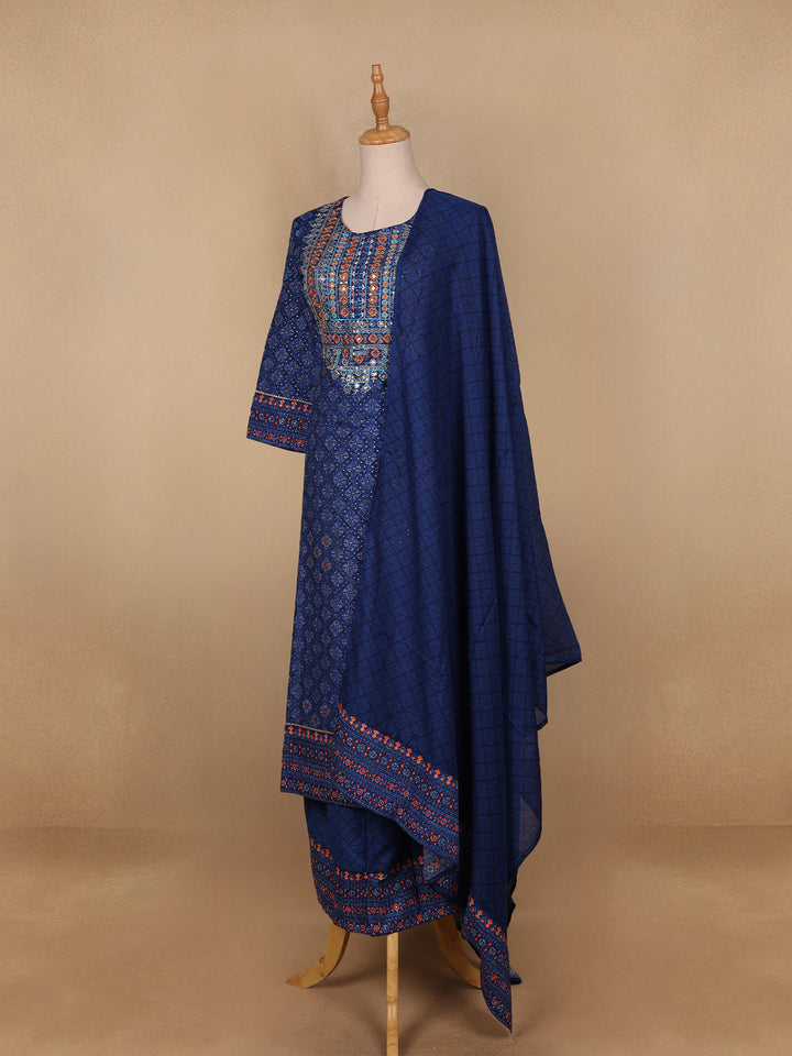 Blue Floral Designed Cotton Salwar Suit - Diadem