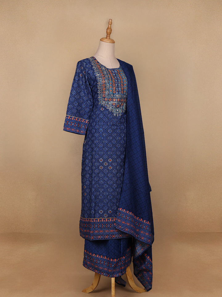 Blue Floral Designed Cotton Salwar Suit - Diadem