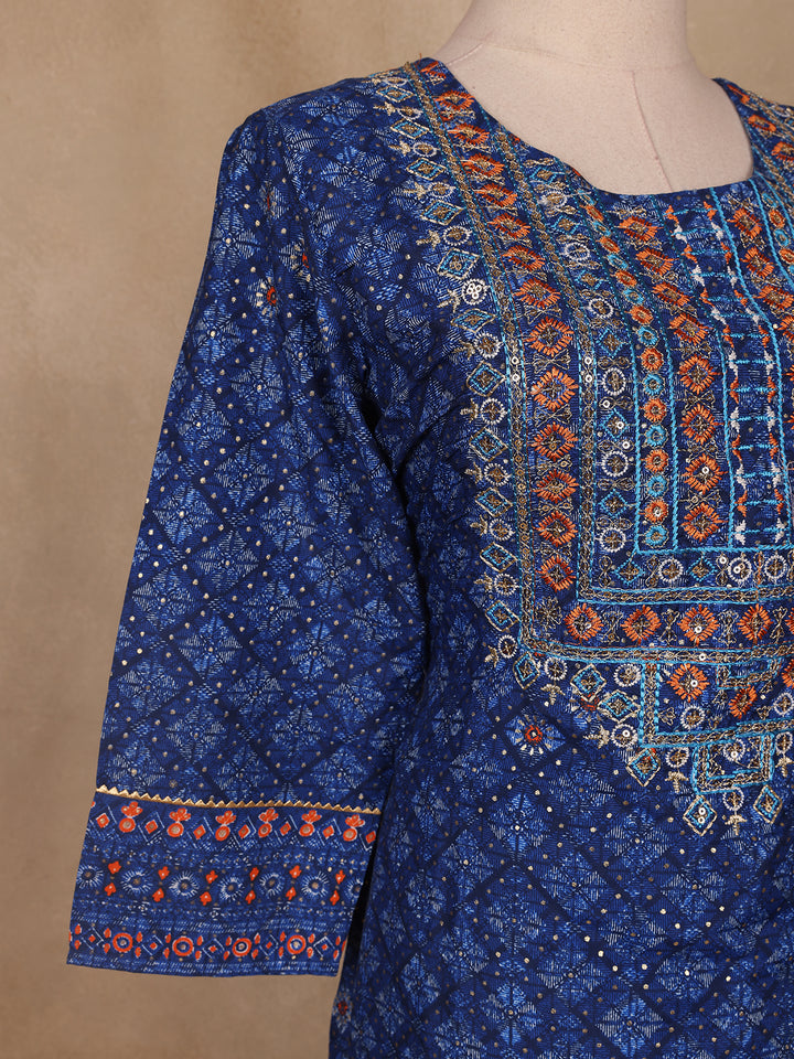 Blue Floral Designed Cotton Salwar Suit - Diadem