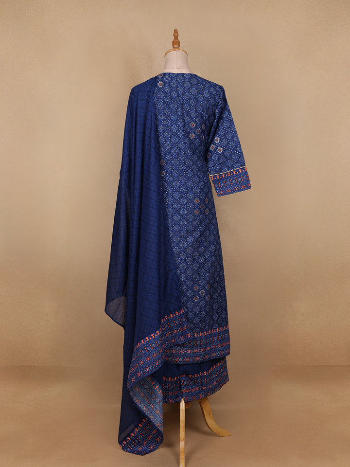 Blue Floral Designed Cotton Salwar Suit - Diadem