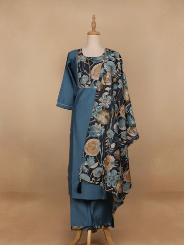 Blue Floral Designed Cotton Salwar Suit - Diadem