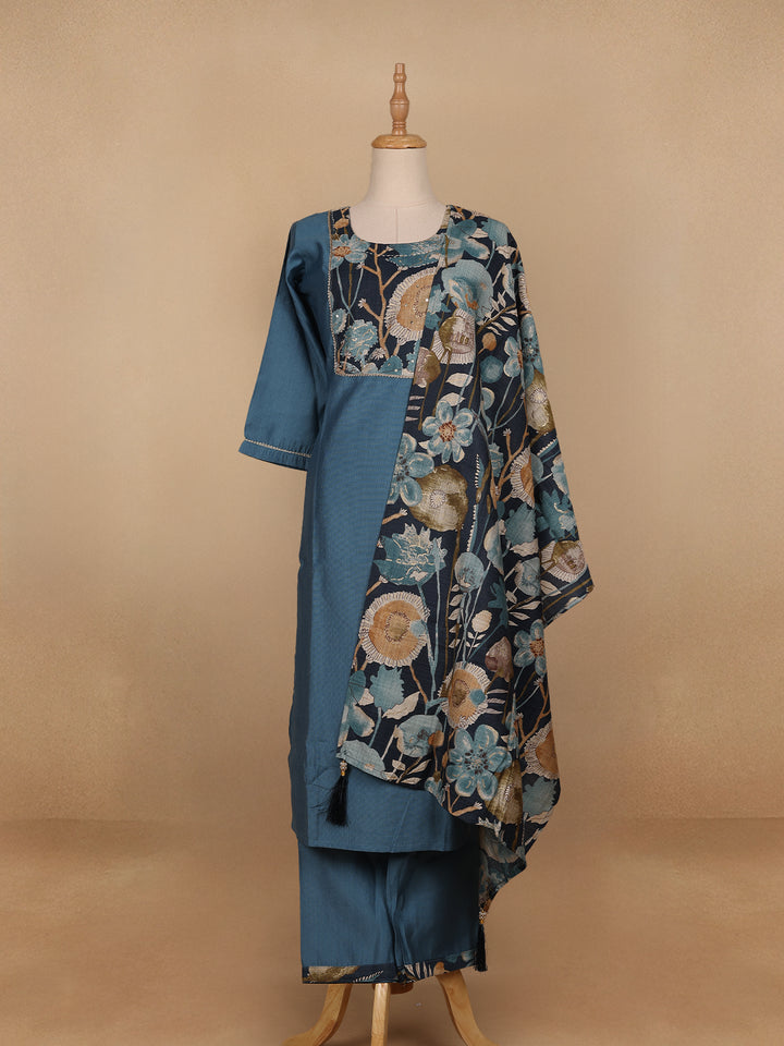Blue Floral Designed Cotton Salwar Suit - Diadem