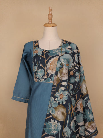 Blue Floral Designed Cotton Salwar Suit - Diadem