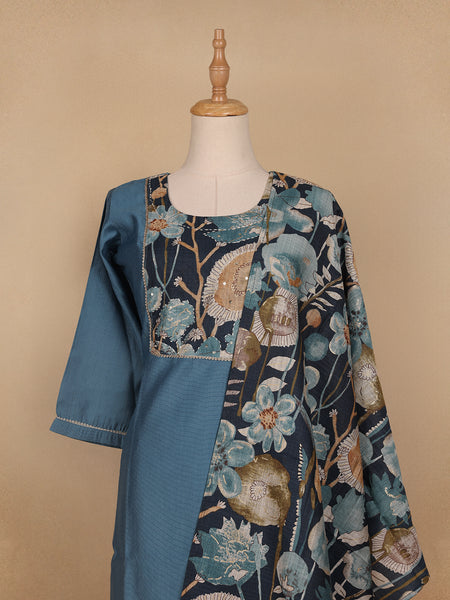 Blue Floral Designed Cotton Salwar Suit - Diadem