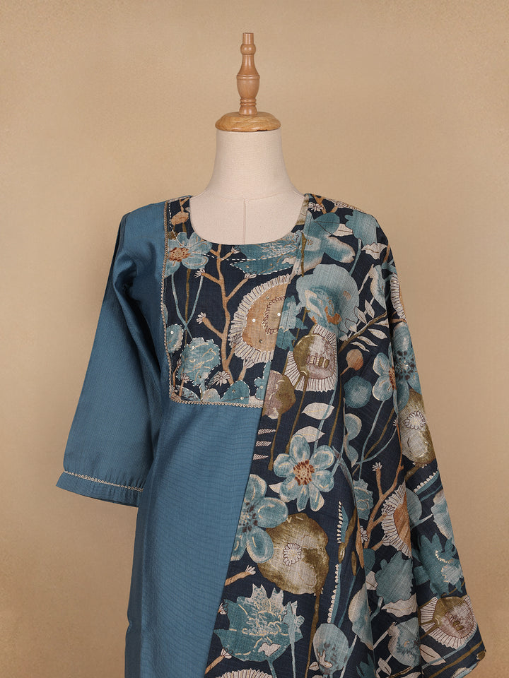 Blue Floral Designed Cotton Salwar Suit - Diadem