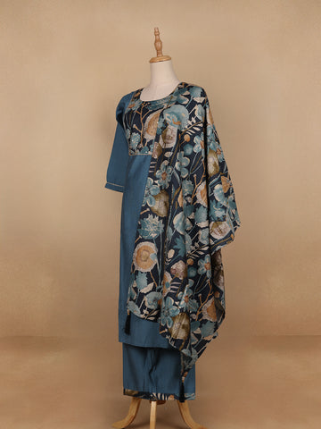 Blue Floral Designed Cotton Salwar Suit - Diadem