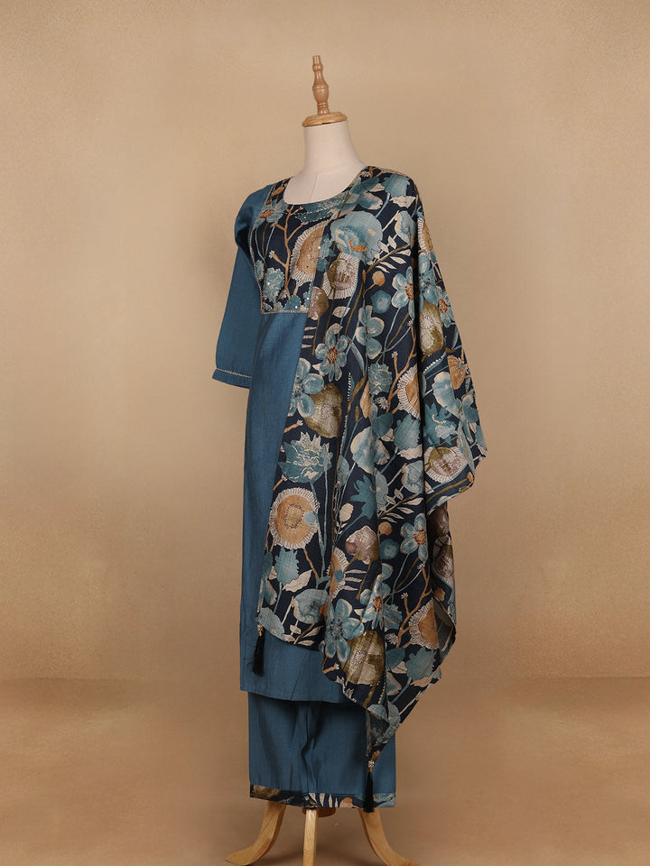 Blue Floral Designed Cotton Salwar Suit - Diadem
