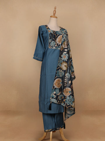 Blue Floral Designed Cotton Salwar Suit - Diadem