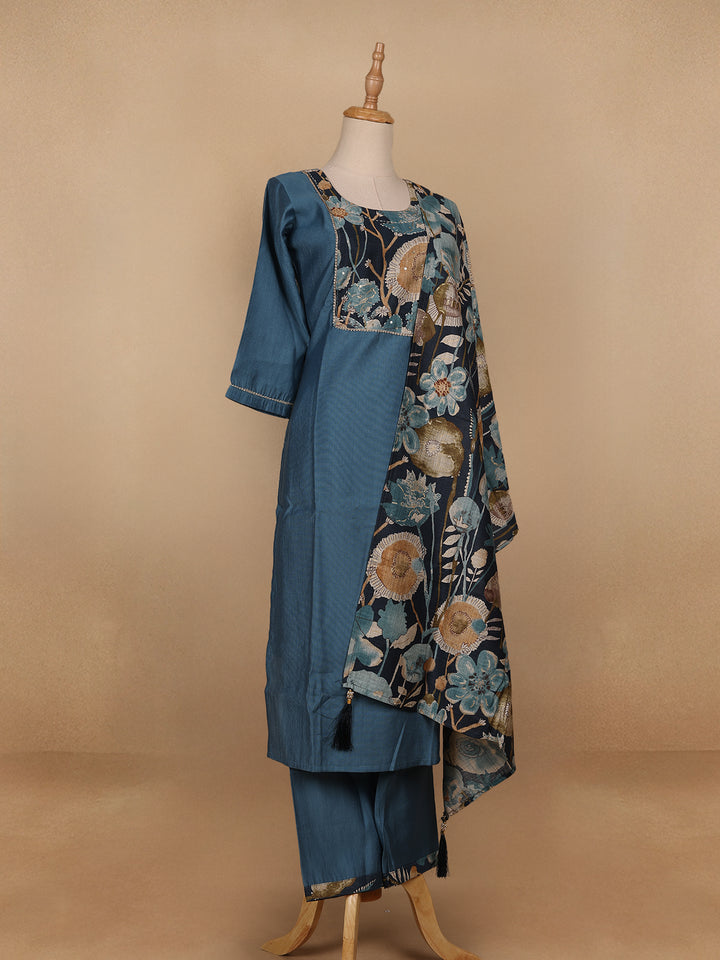 Blue Floral Designed Cotton Salwar Suit - Diadem