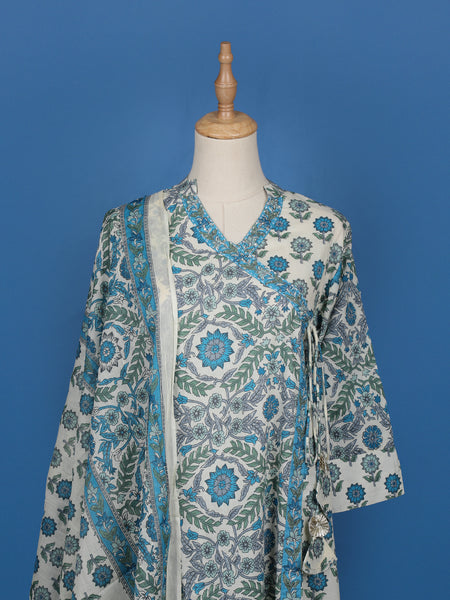 Blue Floral Designed Cotton Salwar Suit - Diadem