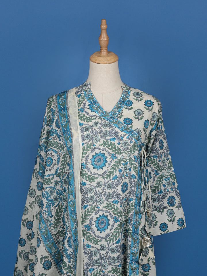 Blue Floral Designed Cotton Salwar Suit - Diadem