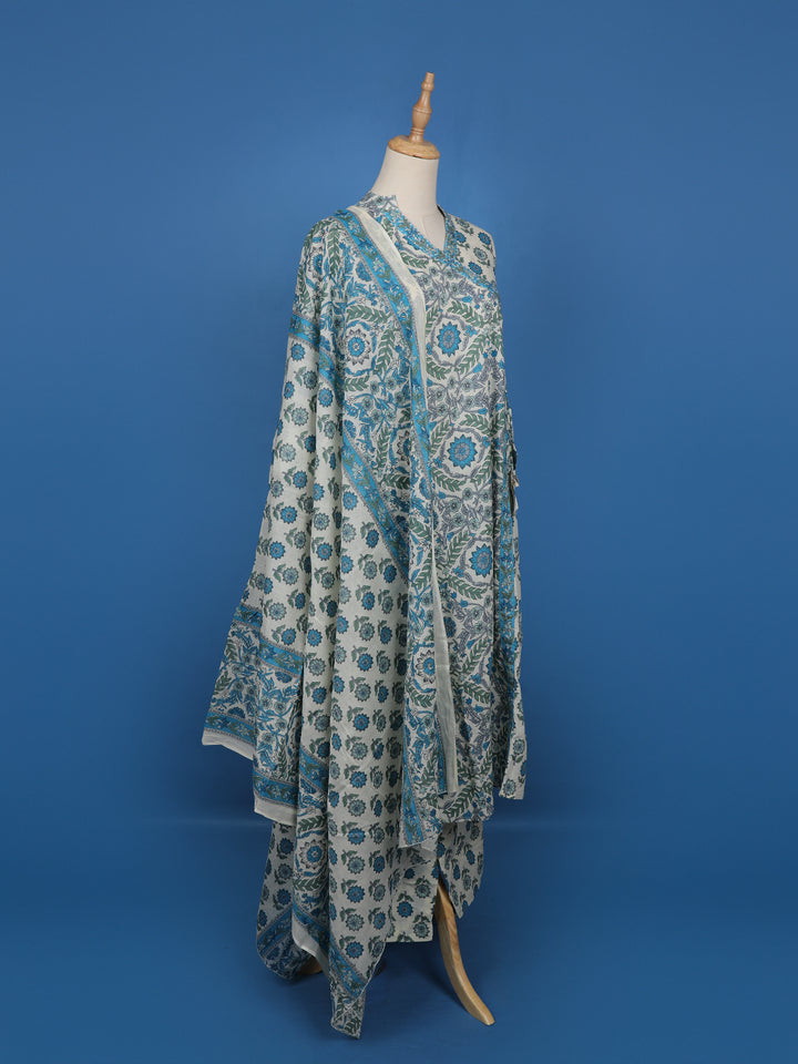 Blue Floral Designed Cotton Salwar Suit - Diadem