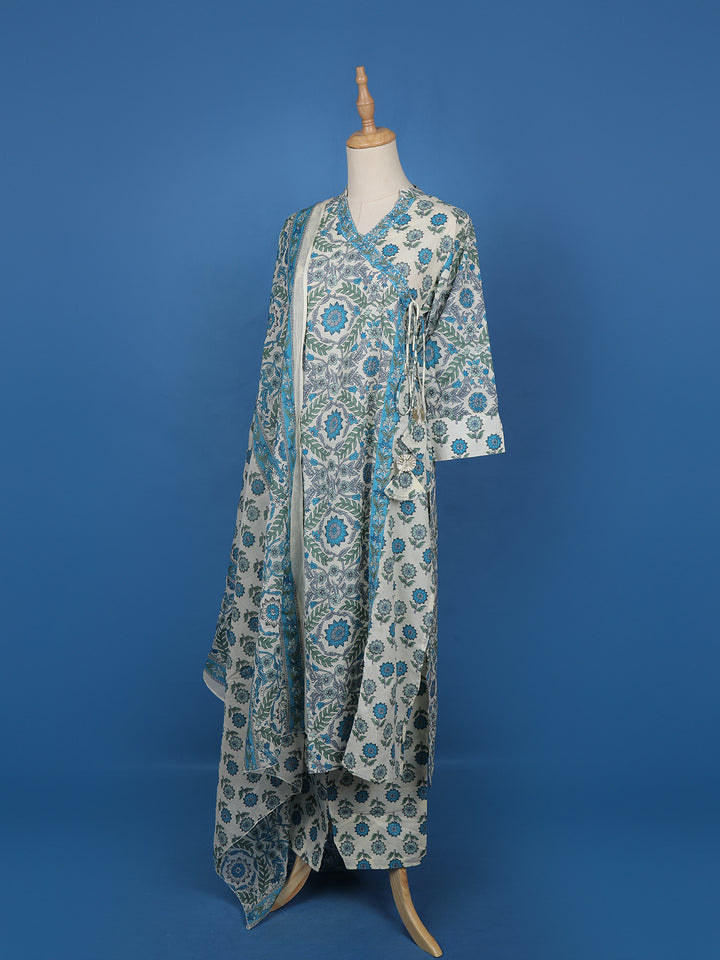 Blue Floral Designed Cotton Salwar Suit - Diadem