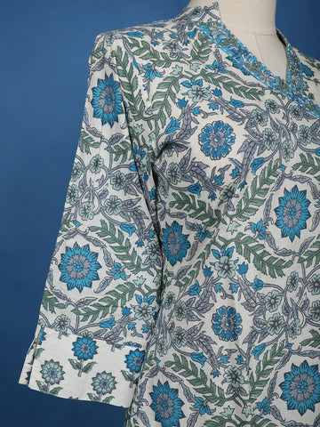 Blue Floral Designed Cotton Salwar Suit - Diadem