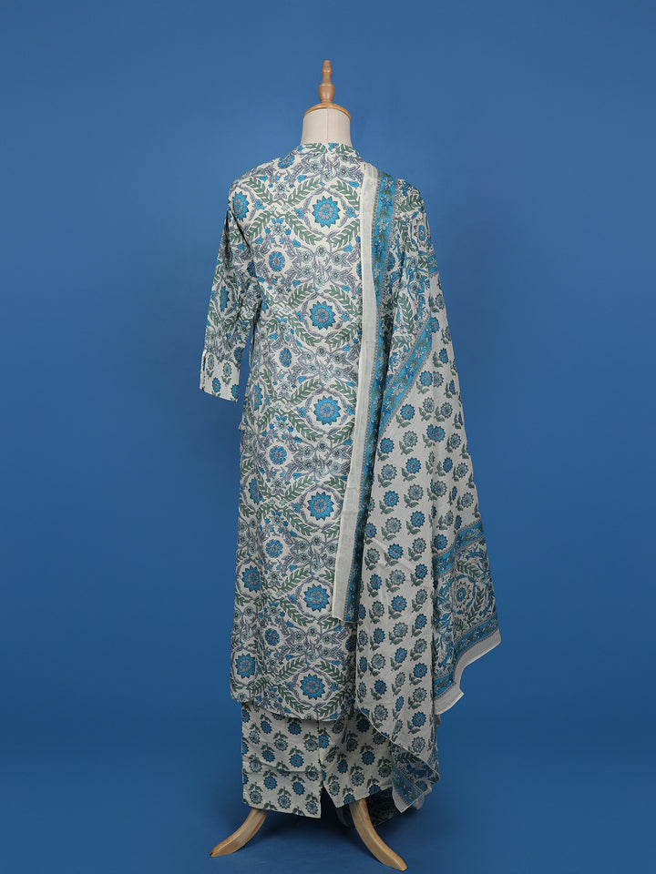 Blue Floral Designed Cotton Salwar Suit - Diadem