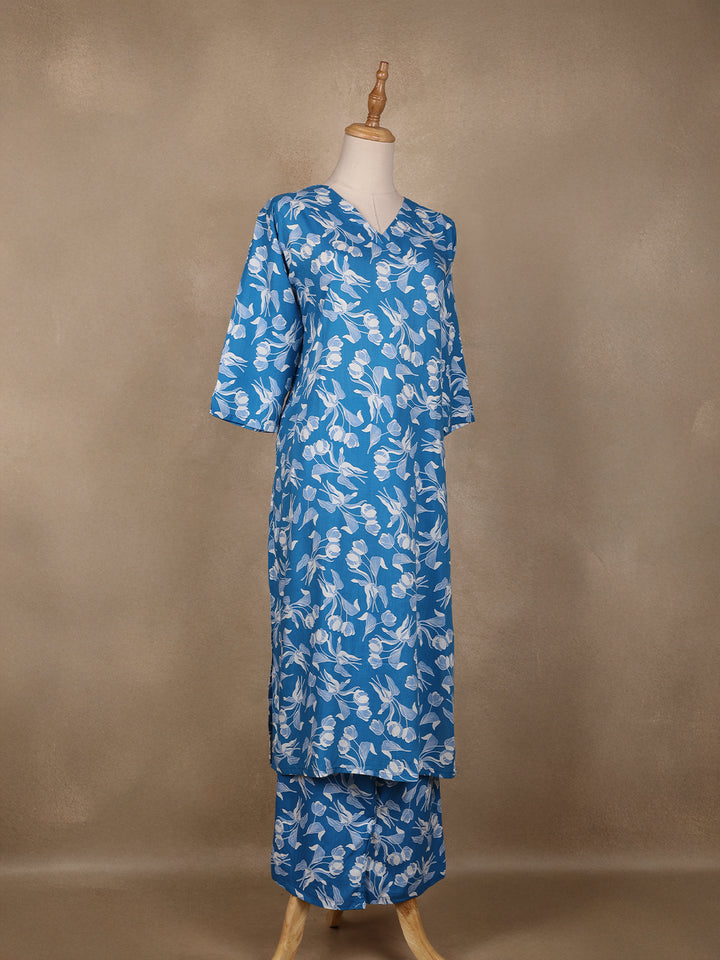 Blue Floral Designed Cotton Salwar Suit - Diadem