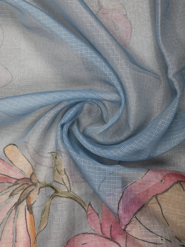 Blue Floral Designed Cotton Saree - Diadem