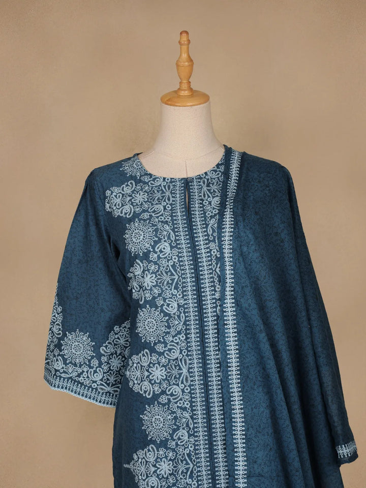 Blue Floral Designed Cotton Straight Cut Salwar Suit - Diadem