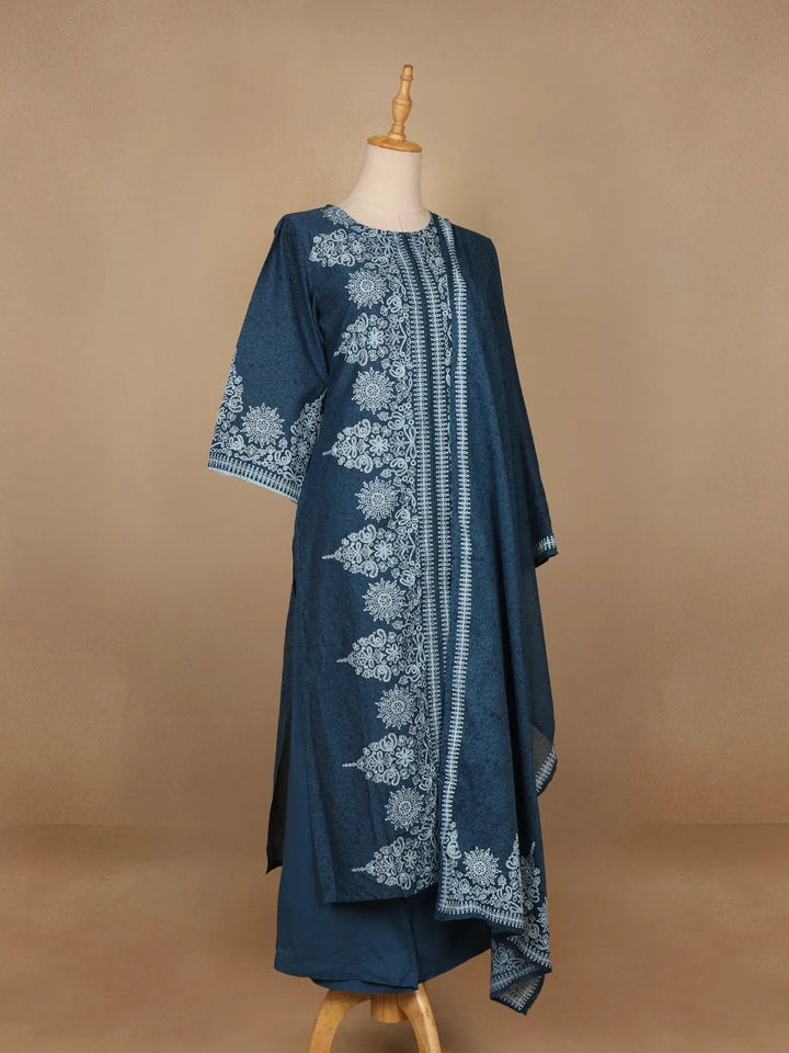 Blue Floral Designed Cotton Straight Cut Salwar Suit - Diadem