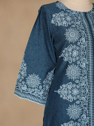 Blue Floral Designed Cotton Straight Cut Salwar Suit - Diadem