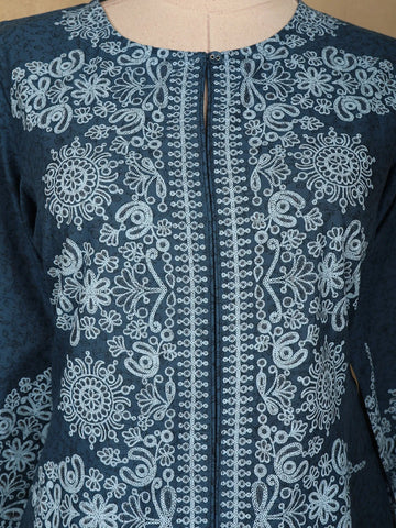 Blue Floral Designed Cotton Straight Cut Salwar Suit - Diadem