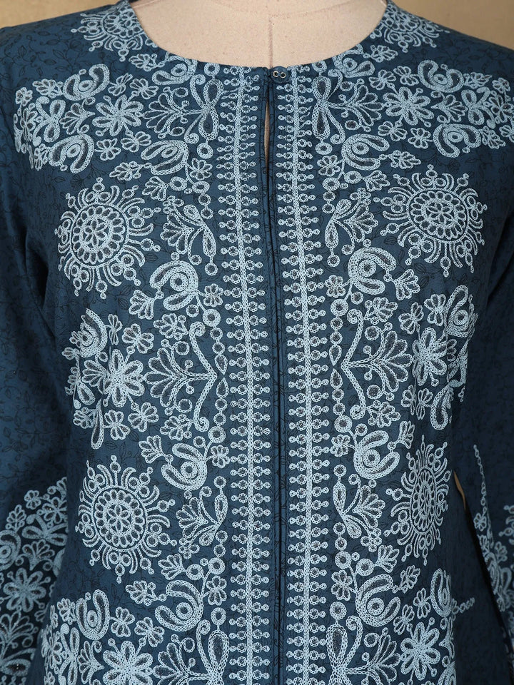 Blue Floral Designed Cotton Straight Cut Salwar Suit - Diadem