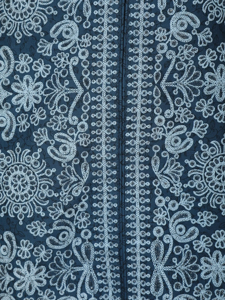 Blue Floral Designed Cotton Straight Cut Salwar Suit - Diadem