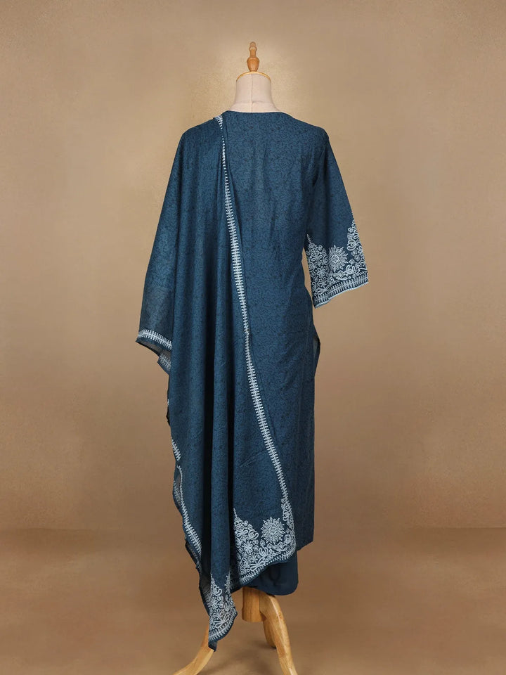 Blue Floral Designed Cotton Straight Cut Salwar Suit - Diadem