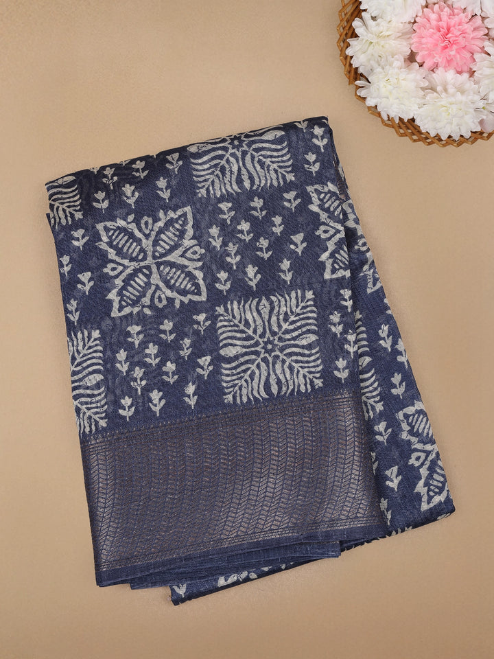 Blue Floral Designed Fancy Cotton Saree - Diadem