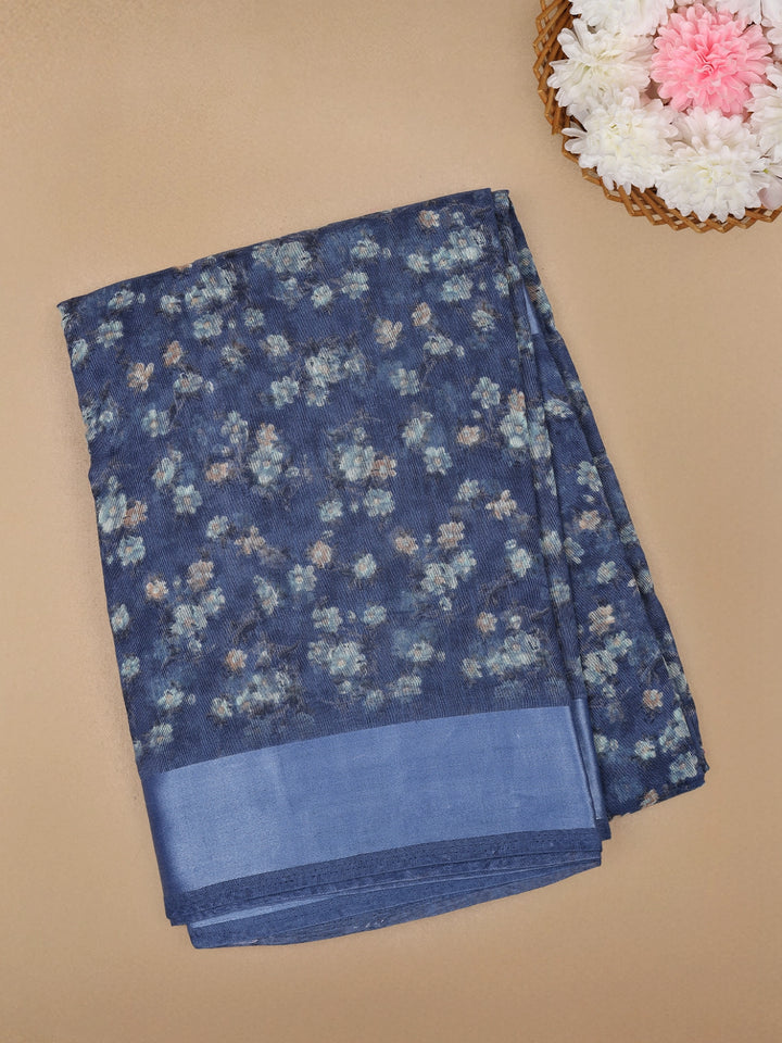 Blue Floral Designed Fancy Cotton Saree - Diadem