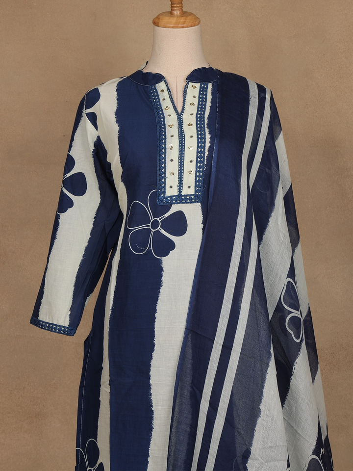 Blue Floral Design Printed Cotton Salwar Suit - Diadem