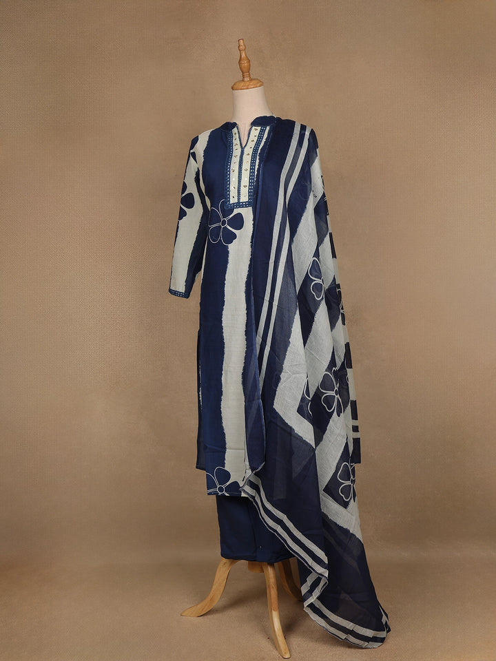 Blue Floral Design Printed Cotton Salwar Suit - Diadem