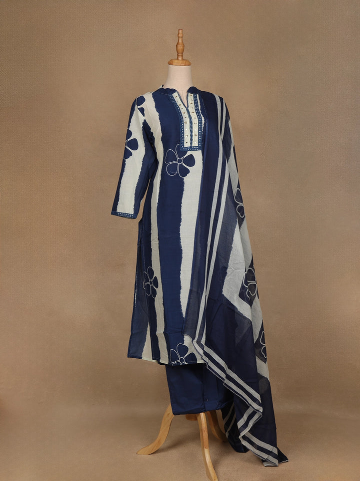 Blue Floral Design Printed Cotton Salwar Suit - Diadem